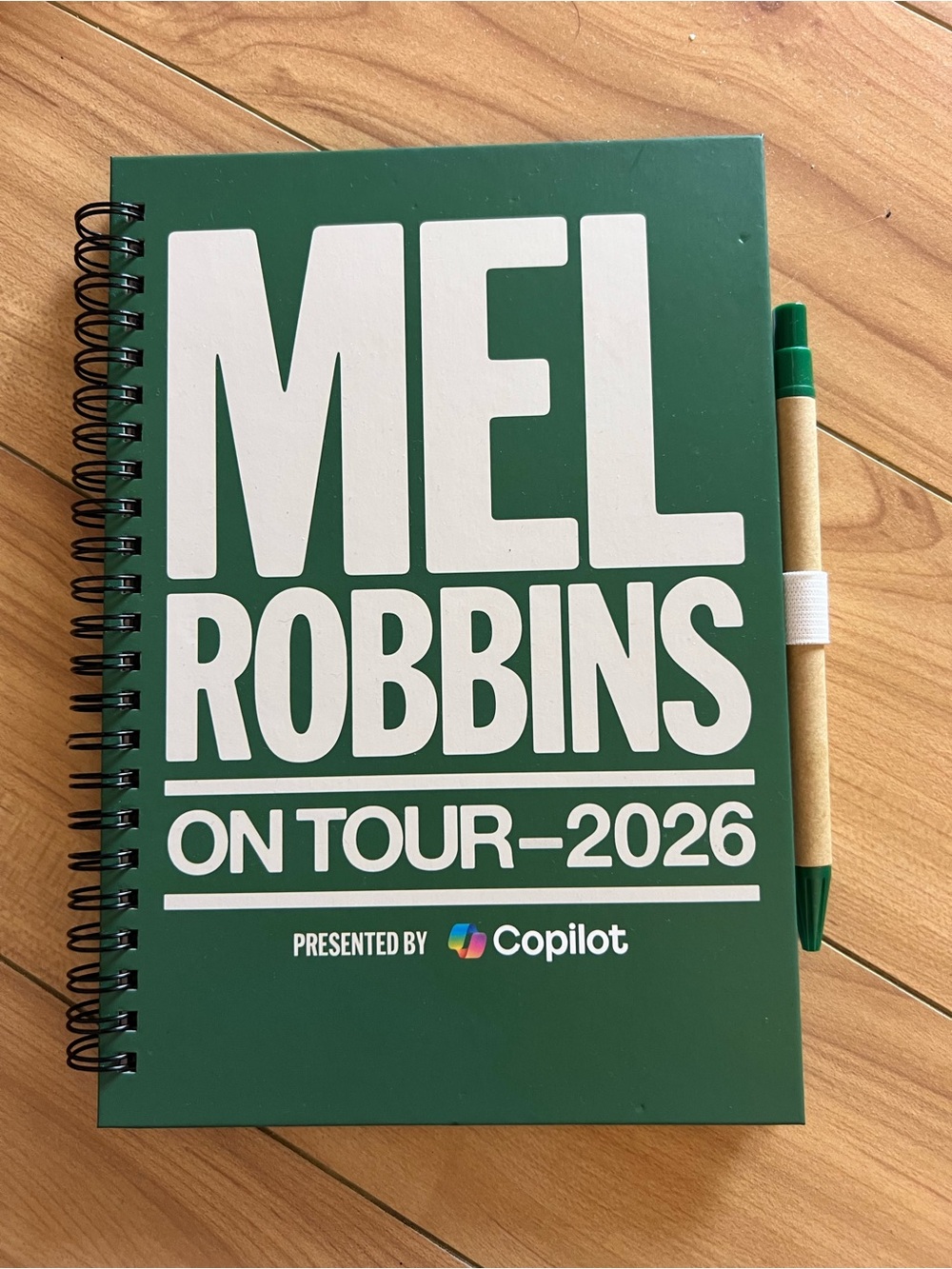 Mel Robbins On Tour 2026 Spiral Notebook - Dark Green with White Text